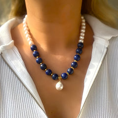 Handcrafted Bohemian Lapis Lazuli & Imitation Pearl Necklace Elegant Stone Bead Jewelry Perfect Birthday Gift for Women Versatile for Daily Wear or Mother'S Day Daily Wear Accessory|Elegant Beaded Design|Artisan Crafted