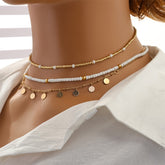 Set of Three Vintage Luxurious Metal Round Disc Textured Bead Pendant Necklaces