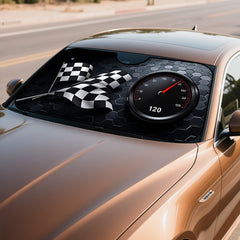 1pc Racing Flags Speedometer Style Car Windshield Sunshade Checkered Flag & 120 km/h Dial Design Fit Foldable Sun Visor for Front Windshield Compact & Portable for Daily Drives Outdoor Parking Road Trips Vehicle Sun Protection Sporty Aesthetic Hi