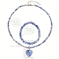 2pcs Blue Dot Stone Love Pendant Necklace Bracelet Set Retro Bohemian Summer Vacation Gift Natural Stone Handmade Jewelry