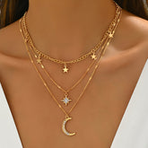 An Elegant Bohemian Style Multi Layer Golden Necklace with Star and Moon Pendants Perfect Gift for Friendship Suitable for Gifting and Casual Attire For Teenager