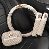 Cute Bear Steering Wheel Cover with Shoulder Pad and Tissue Box Set Comfortable Breathable Hemp Material Textured Design Light Luxury Feel Suitable for All Seasons Car Interior Accessory|Playful Design|Breathable Material Car Accessories