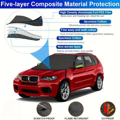 Upgraded model equipped with a fixed elastic hook for the car's snow and sunshade black windshield cover. Suitable for most vehicles it features 9 strong magnets and a rearview mirror cover that securely attaches to the car body. The thickened automotive