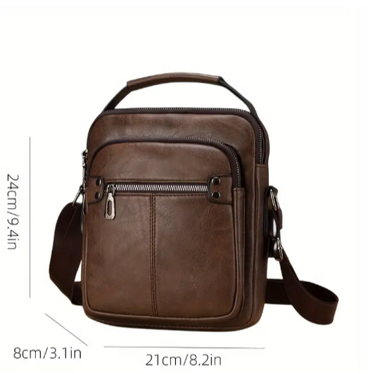 Men's Business Casual Faux Leather Crossbody Bag - Large Capacity, Adjustable Shoulder Strap, Dark Brown Multi-Pocket Design