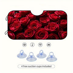 1pc Red Roses & Dewdrops Car Sunshade Foldable Polyester Windshield Cover with Vibrant Red Roses Design UV Protection & Heat Reduction for Daily Commuting City Parking Outdoor Adventures Sun Visor for Car Travel Essentials Romantic Design Durable