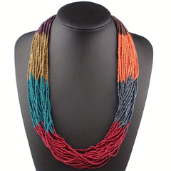 Colorful Bohemian Handmade Beaded Necklace Multi Layer Glass Rice Beads in Vibrant Striped Pattern Lightweight & Luxurious Design for Casual Attire or Parties Vibrant Outfit Accent | Asymmetrical Necklace | Glass Bead Jewelry