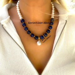 Handcrafted Bohemian Lapis Lazuli & Imitation Pearl Necklace Elegant Stone Bead Jewelry Perfect Birthday Gift for Women Versatile for Daily Wear or Mother'S Day Daily Wear Accessory|Elegant Beaded Design|Artisan Crafted