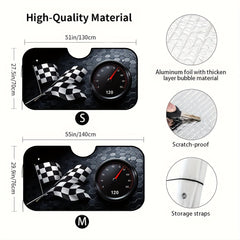 1pc Racing Flags Speedometer Style Car Windshield Sunshade Checkered Flag & 120 km/h Dial Design Fit Foldable Sun Visor for Front Windshield Compact & Portable for Daily Drives Outdoor Parking Road Trips Vehicle Sun Protection Sporty Aesthetic Hi