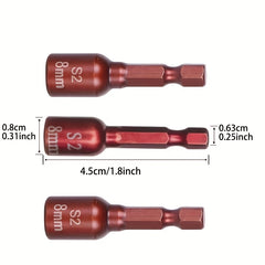 3pcs High Strength Magnetic Screwdriver Bits 8mm Hex Shank Waterproof & Stain Resistant Red Ideal for Hard Floors Electric Hand Drill Tail Wire Inner Hexagonal Sleeve