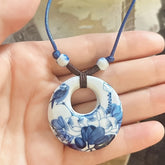 Ceramic Necklace with Blue and White Peony for Lotus Floral Pendant Ethnic Chinese Style Long Layered Chain Jewelry for Daily Wear Graduation Gifts & Year Round Elegance Pendant Necklace Cultural Accessory Traditional Chinese Design Intricate Craft