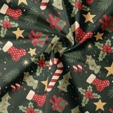 1pc 39*59inch 100x150cm Christmas Theme Printed Fabric Red Green Classic Holiday Pattern with Xmas Tree Candy Canes Socks Snowflake Decorations Thickened Brushed Cloth for Home Tableclothes Curtains Party Supplies 100% Polyester Material. Suitable DIY