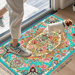 1Pc Elegant Blue Floral Doormat Soft Absorbent Non Slip
