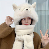 1pc Cute Bear Design Hat and Scarf Set with Gloves Thickened Warmth Unisex Long Scarf Size
