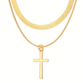 2pcs Layered Golden Toned Cross Pendant Necklace Set for Layered Snake Chain Double Cross Pendants Minimalist Everyday & Party Year Round Versatile Necklace Combo ( Golden Look No Plating) Gift Ready