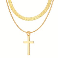 2pcs Layered Golden Toned Cross Pendant Necklace Set for Layered Snake Chain Double Cross Pendants Minimalist Everyday & Party Year Round Versatile Necklace Combo ( Golden Look No Plating) Gift Ready