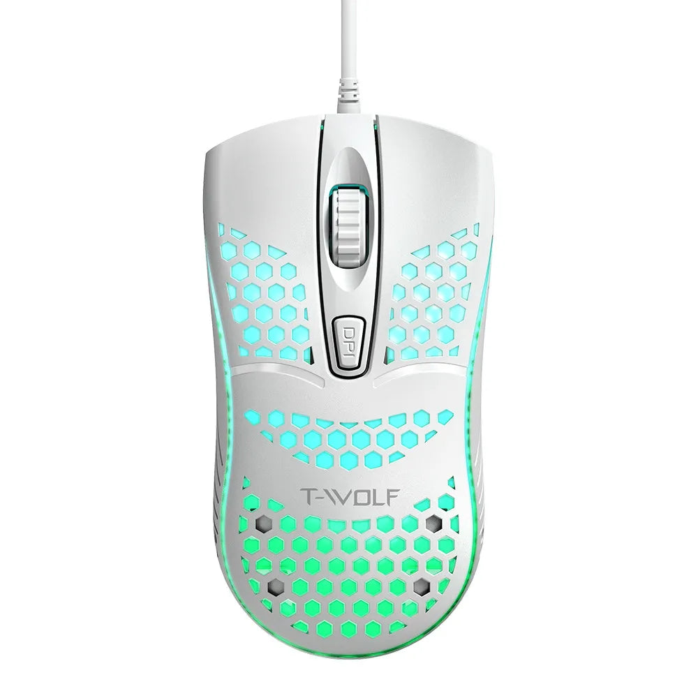 T-WOLF Thunder Wolf V15 Hole Mouse Hollow Honeycomb Wired USB Luminous Game Office Home Computer Cross-Border