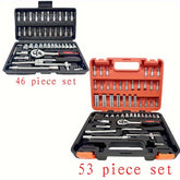 53/46pcs Professional Automotive Repair Tool Set with Ratchet Wrench and Screwdriver Bits Durable Black & Red Carbon Steel Toolbox Comprehensive DIY & Mechanical Maintenance Kit Mechanic Gift | Smooth Black Case | Metal Toolbox