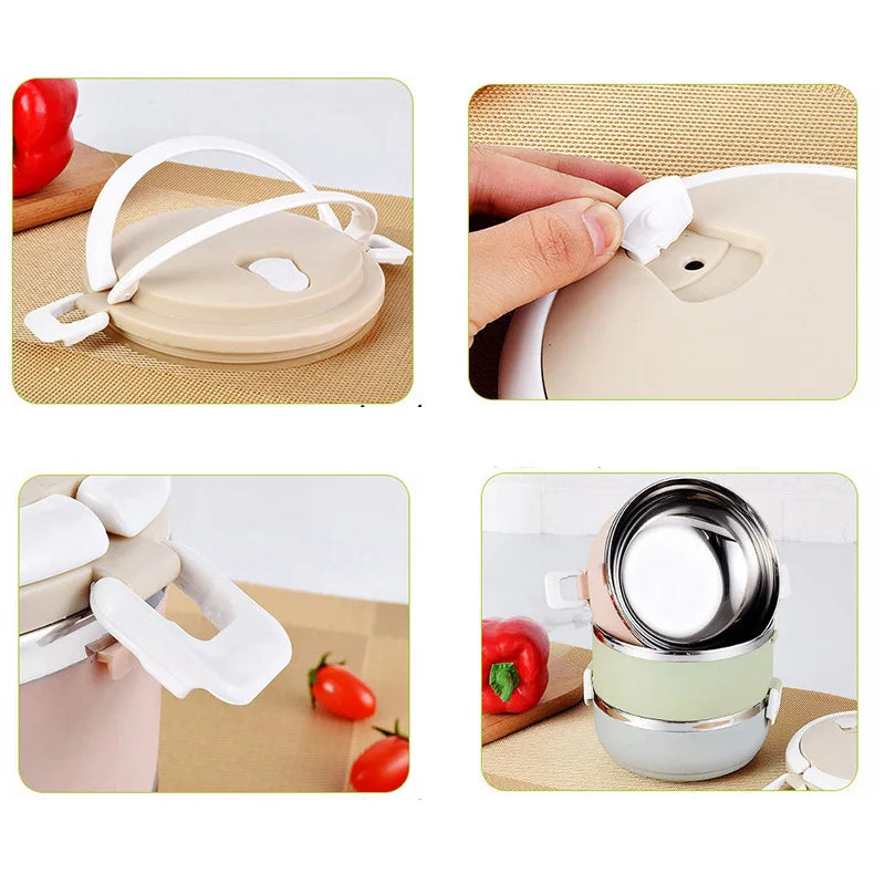 Stainless Steel Bento Gradient Color Seal Lunch Box Round Shape Portable Kids Food Container Picnic Travel For School