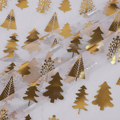 1pc Sparkling Golden Christmas Organza Fabric Large Roll (149.86cm x 50.04cm) Pre Cut Sheer Gauze with Golden Pine Trees Holly & Snowflakes Print 100% Polyester for DIY Wedding Party Decorations Tablecloth Drapes Quilting Shimmering Golden
