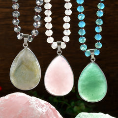 Handmade Natural Stone Beaded Long Necklace Boho Chic Multicolor Labradorite Tiger Eye Rose Quartz Lapis Lazuli & Unakite Pendant Jewelry for Women Birthstone Gift Vacation & Casual Attire