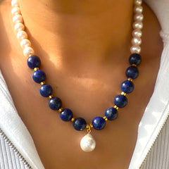 Handcrafted Bohemian Lapis Lazuli & Imitation Pearl Necklace Elegant Stone Bead Jewelry Perfect Birthday Gift for Women Versatile for Daily Wear or Mother'S Day Daily Wear Accessory|Elegant Beaded Design|Artisan Crafted