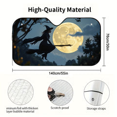 1pc Gothic Witch Flying on Broomstick with Bats & Moon Sun Visor Fit Glowing Eyes Design Dark Night Sky & Witches Hat Premium Sun Protection for Family Road Trips Spooky Accessories (Halloween & Everyday Use) Easy Clip On Installation Durable