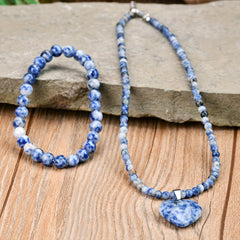 2pcs Blue Dot Stone Love Pendant Necklace Bracelet Set Retro Bohemian Summer Vacation Gift Natural Stone Handmade Jewelry