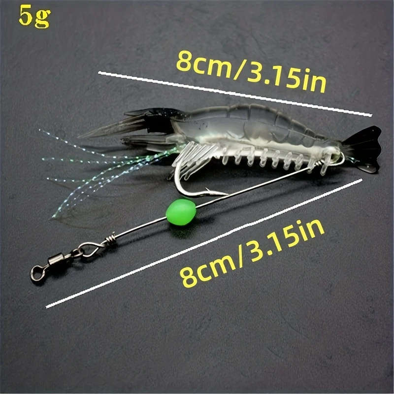 7pcs Luminous Shrimp Soft Lure Glow in the Dark Fishing Lure with Hooks Swivels 8cm 3.15inch 5g