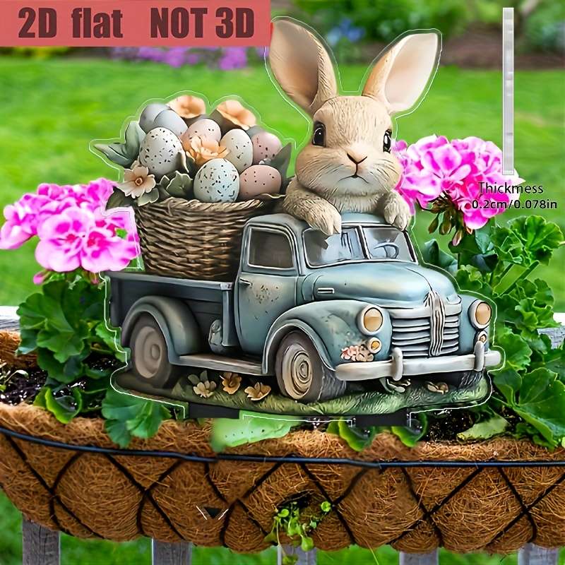 1pc 2D Flat acrylic charming bunny and retro truck garden piles Easter themed outdoor
