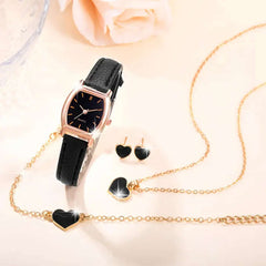 Ladies Watch 5pcs/Set Women Brown PU Strap Casual Quartz Watch And Heart Necklace Earings Bracelet J