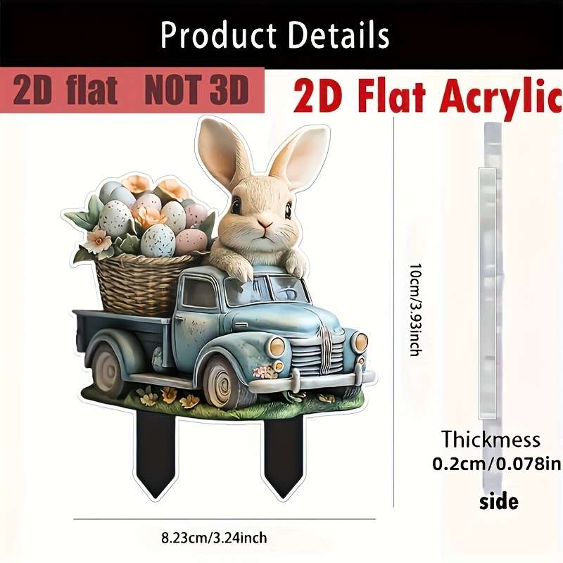 1pc 2D Flat acrylic charming bunny and retro truck garden piles Easter themed outdoor