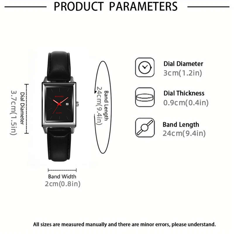 1pc Elegant Rectangular Quartz Watch for Men and Women with PU Leather Strap Date Display