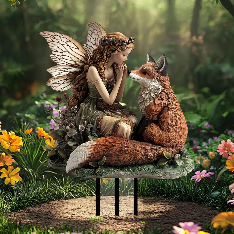1pc 2D Flat One Piece Bohemian Style Acrylic Garden Outlet Decor Fairy and Pet Fox Multifunctional 29.97cmx20.32cm