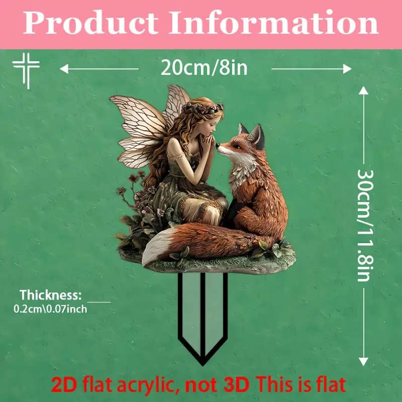 1pc 2D Flat One Piece Bohemian Style Acrylic Garden Outlet Decor Fairy and Pet Fox Multifunctional 29.97cmx20.32cm