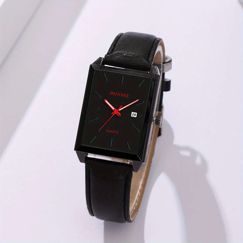 1pc Elegant Rectangular Quartz Watch for Men and Women with PU Leather Strap Date Display