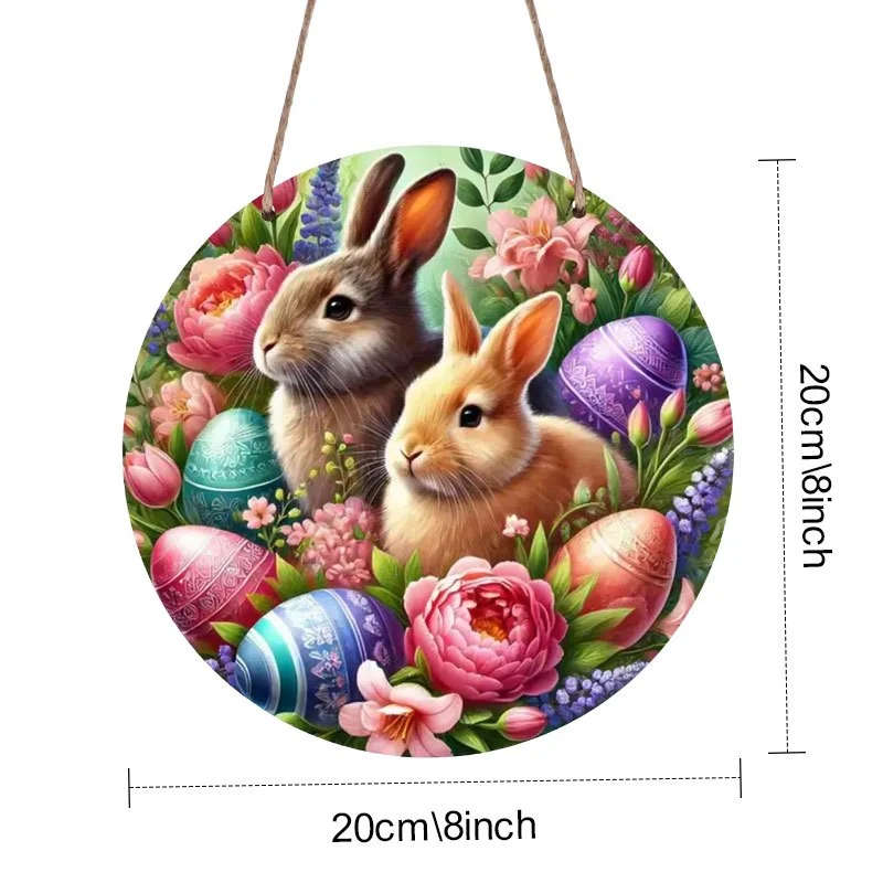 1pc Easter Bunny Eggs Wooden Sign 19.81cm Round Perfect for Indoor Outdoor Decor Wreath Accent Ideal for Home Bar Garage Cafe and Garden