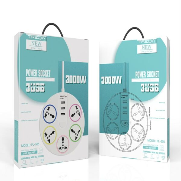 Treqa PL-505 5 Power Sockets + 3 USB Port With 2M Cable