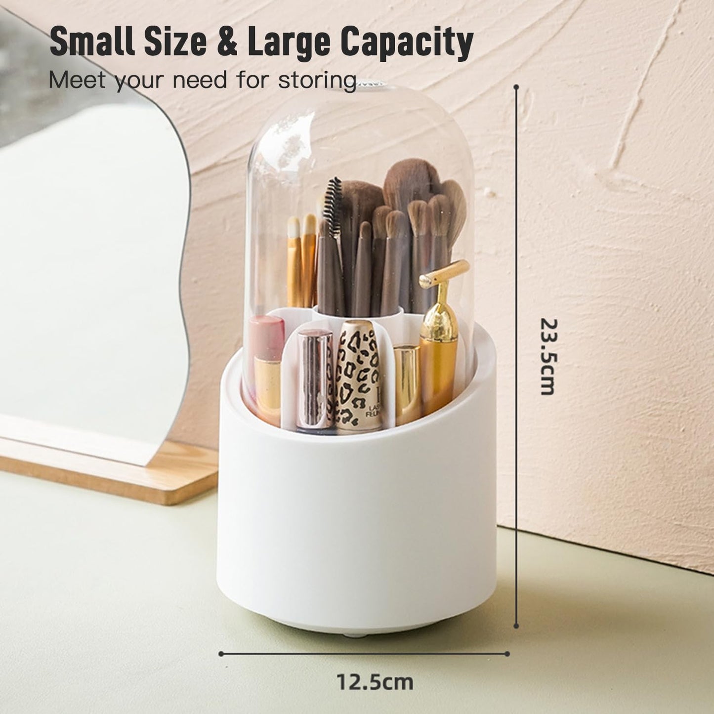 Makeup Brush Holder Organizer with Lid 360 Rotating Dustproof Makeup Brushes Container with Clear Acrylic Cover, Spinning Cosmetics Holders Storage Cup for Vanity Desktop Bathroom Countertop