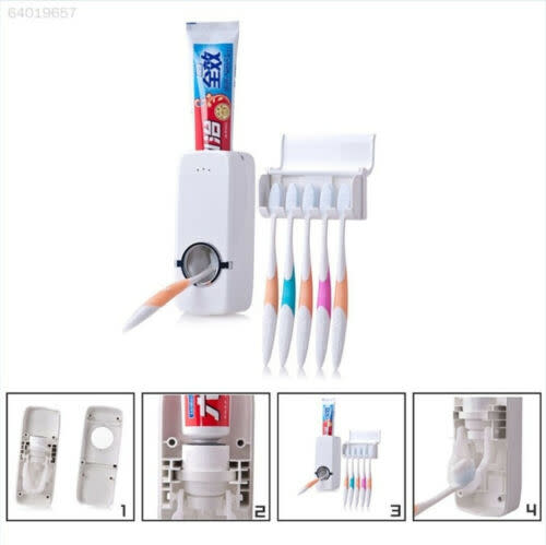 Automatic Toothpaste Dispenser + 5 Toothbrush Holder Wall Mount Stand Rack