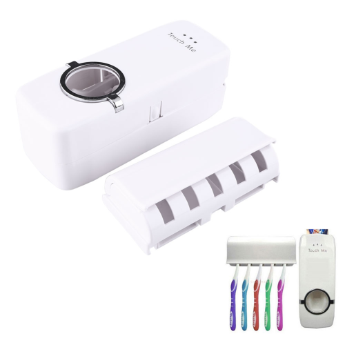 Automatic Toothpaste Dispenser + 5 Toothbrush Holder Wall Mount Stand Rack