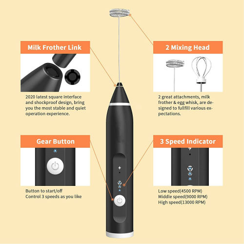 Electric Mixer Milk Frother Handheld USB Rechargeable Drink Foam Maker 3-Speed