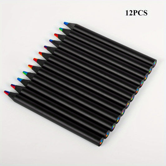 12pcs Rainbow Colored Sketch Pencils, 7 Vibrant Shades in One Core, Short Artistic Drawing Pencils for Art & Crafts, 3.3mm Lead, 8.8cm Length, Wooden Material, Artistic Sketching | Vibrant Color Blend | Durable Wooden Body, Colored Pencils