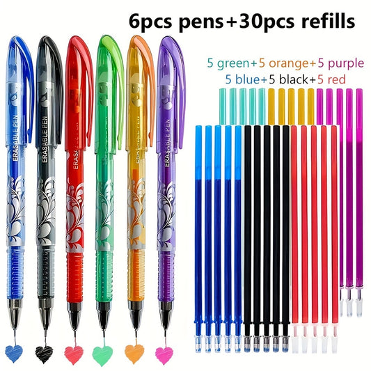 36pcs/set 6 Colors Neutral Erasable Pen, Blue/black/red/green/orange/purple Ink Writing Gel Pens Washable Handle School Office Supplies Stationery Gift