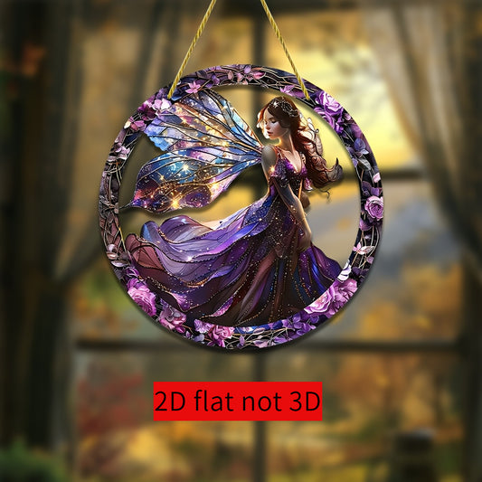 1pc Vintage Style Acrylic Decorative Badge, Multifunctional Colorful Glass Window Style Nameplate with Fairy and Wreath Design, Wall Hanging, Bohemian, for Bedroom, Garden, Home, Courtyard, Room Decoration