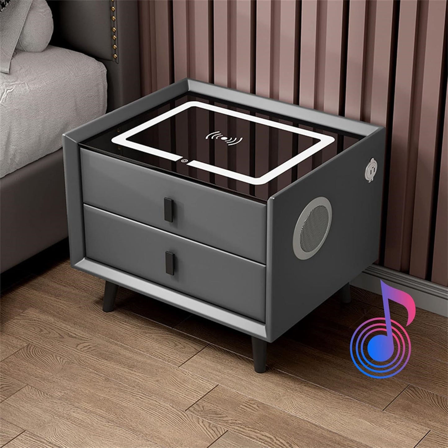 Modern Smart Bedside Table with Wireless Charging Color Light Speaker