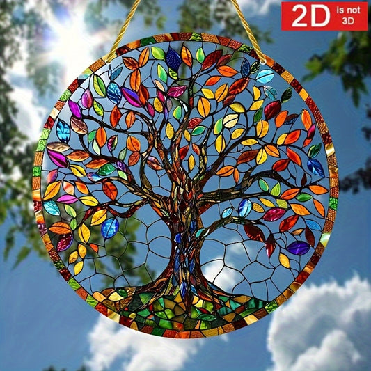 2D Flat, 2D Acrylic Tree of Life Sun Catcher - 14.99cm Round Stained Glass-Style Wall Art, Colorful Leaf Design, Window Hanging Decor, Seasonal Gift, Outdoor & Indoor Decoration, Classic Love Theme, No Power Needed