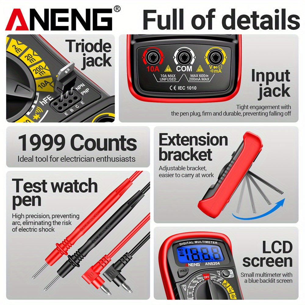 ANENG AN8204 Multimeter 1999 Counts Digital High Precision AC/DC Voltage DC Current hFE Triode Buzzer Multifunctional Test Tools