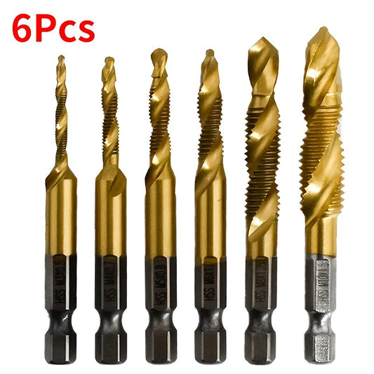6pcs/Set, M3-M10 Titanium Coated HSS Composite Screw Tap Drill 1/4" Hex Shank Spiral Deburr Countersink Drill Bit Metalworking Tool