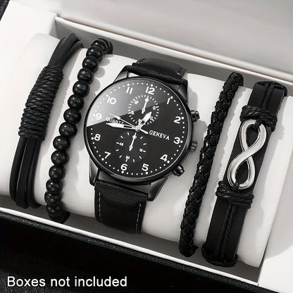 Men's Casual Quartz Watch and Faux Leather Bracelet Set -