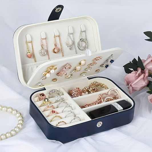 Portable double-layer imitation leather jewelry storage box - velvet interior, snap closure, can store earrings, necklaces, rings | Modern travel storage box with practical hook